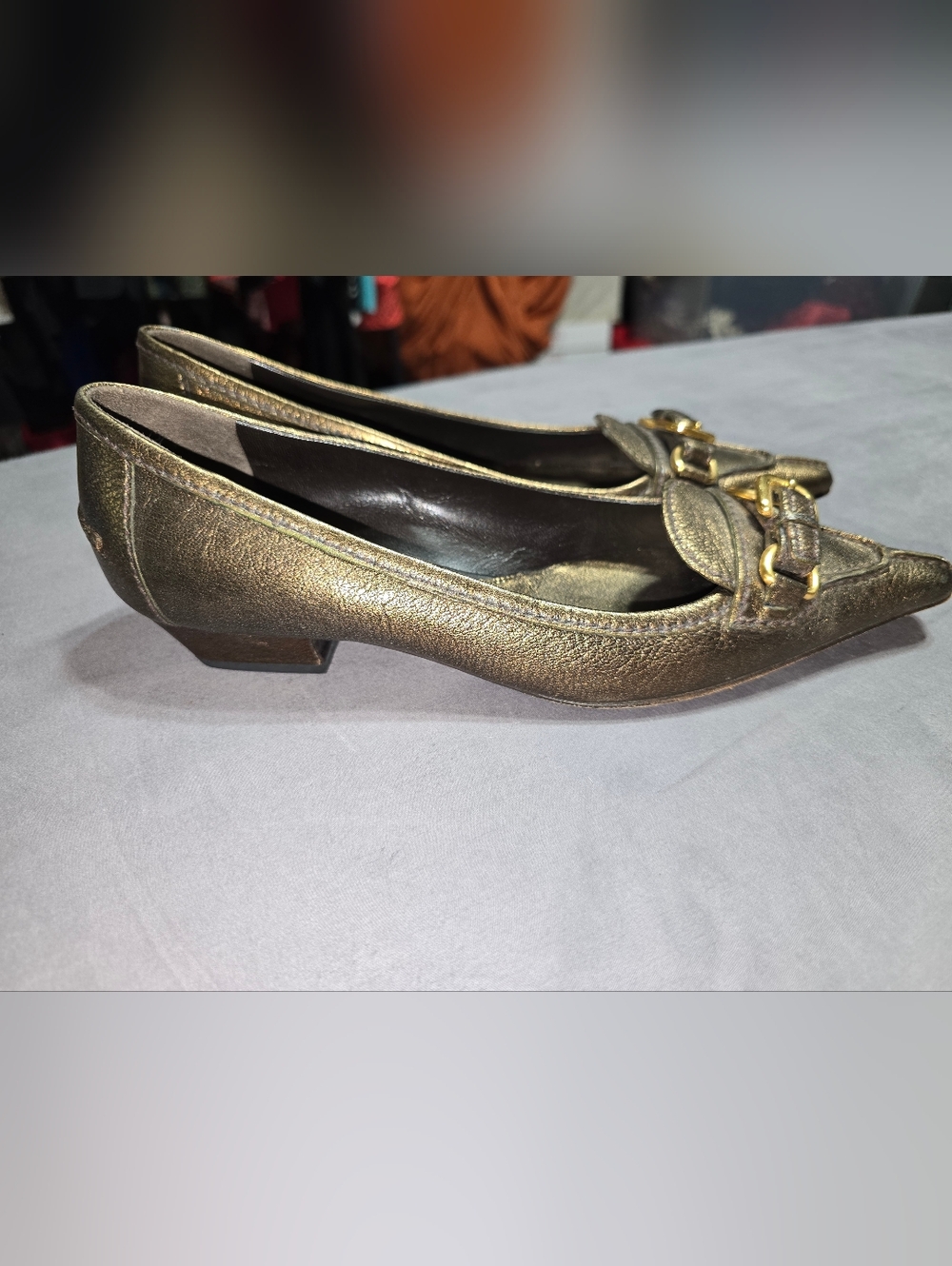 Prada Metallic Gold Pointed Toe Kitten Block Heel With Buckle Accent Size 38 - Picture 3 of 9